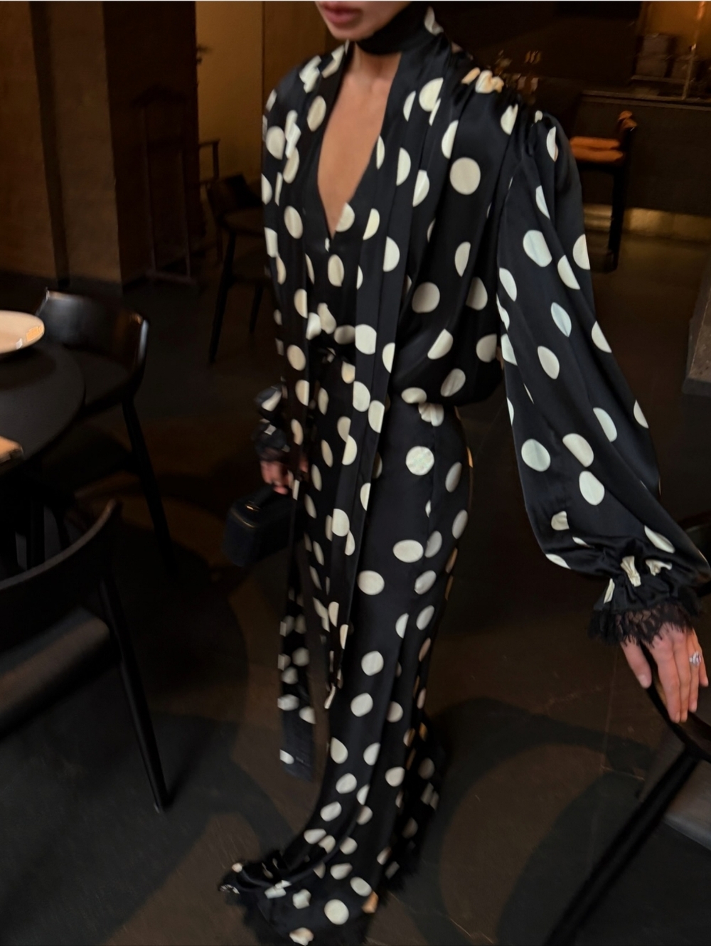 Polka Dot Dress Print Hanging Neck V-neck Bubble Sleeve Cinched Waist Fish Tai - Picture 3 of 12